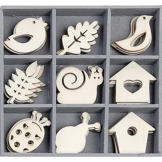 Wooden ornament box motif snail+birdhouse 10,5x10,5cm 45 pcs